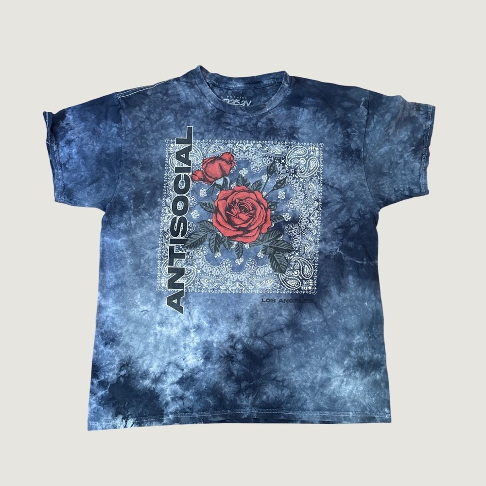 Popular Poison Graphic Tee Women Blue Tie Dye Rose Antisocial SIZE Large